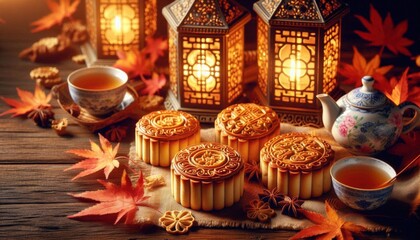 Fototapeta premium A close-up of beautifully crafted traditional mooncakes with intricate designs on a wooden table, surrounded by lanterns, tea, and autumn leaves, warm lighting