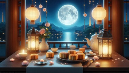 A peaceful scene of mooncakes arranged on a table on a balcony, with a full moon shining brightly in the background and soft glowing lanterns