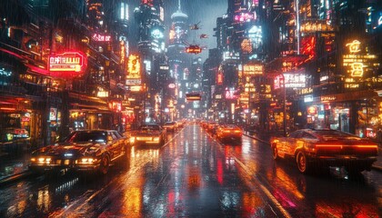 Fototapeta premium Cyberpunk City Street in the Rain