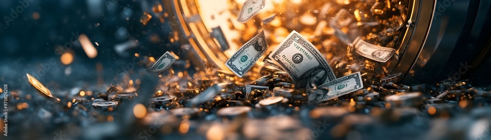 Poster digital bank vault hacked with money flowing out as data streams representing financial fraud and cy