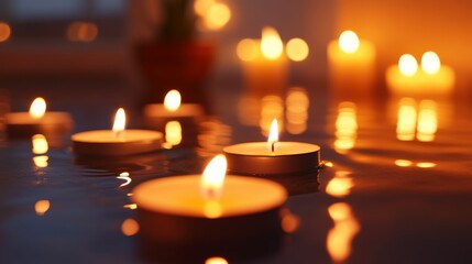 A soft close-up of candles and ambient lighting in a zen meditation room, perfect for stress relief and mindfulness,