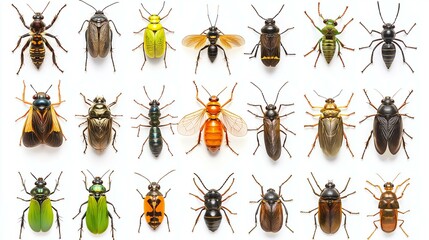 Collection of Diverse Insects Isolated on White Background Featuring Various Colors and Patterns