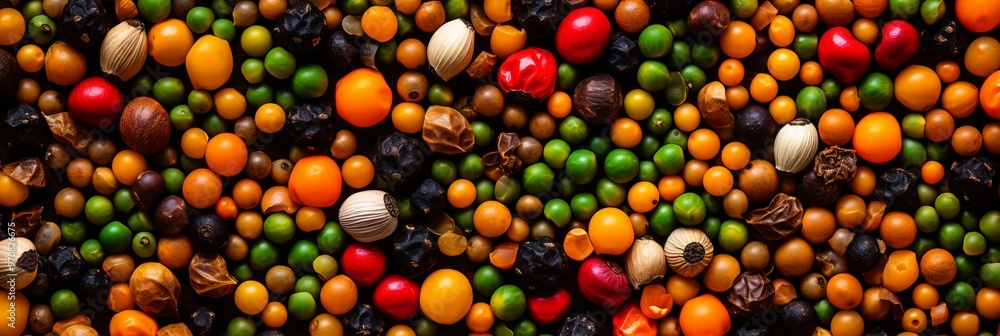 Poster colorful array of various seeds and dried fruits in a vibrant display on a textured surface