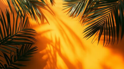 Tropical Palm Leaves Casting Natural Shadows on Vibrant Orange Background in Sunlight