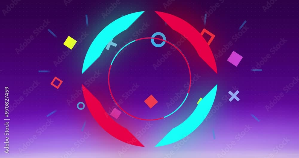 Poster geometric shapes and colorful animations over purple gradient background
