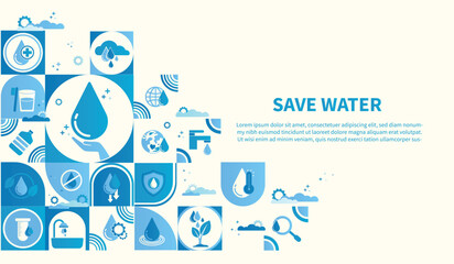 concept of water saving tips icon infographic. Save water, save earth and go green, environment protection campaign concept. on the blue background.