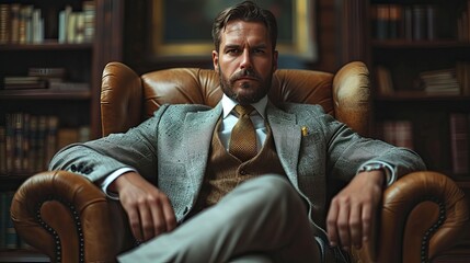 A well-dressed man sitting confidently in a vintage leather armchair, surrounded by bookshelves filled with books. He has a stylish beard and a serious expression, wearing a tailored suit and tie.