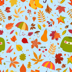 Obraz premium Autumn, season, leaves, umbrellas, warm socks, mushrooms, berries, sweater, seamless pattern