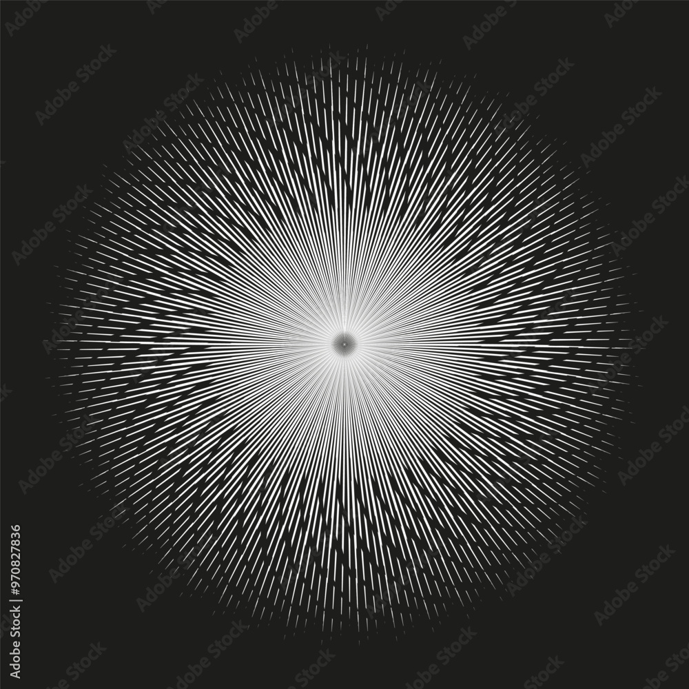 Poster abstract radial lines. geometric burst effect. optical illusion pattern. circular starburst vector.