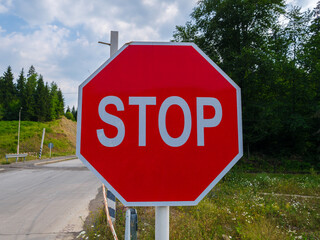 Bright red stop sign at an intersection surrounded by trees during daytime.