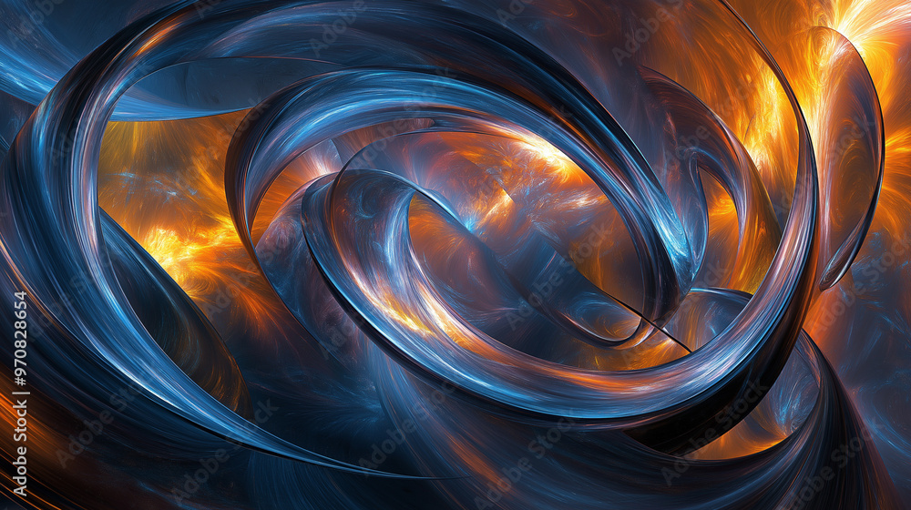Poster a dynamic and vibrant abstract design. it features two curved structures, resembling metallic or gla