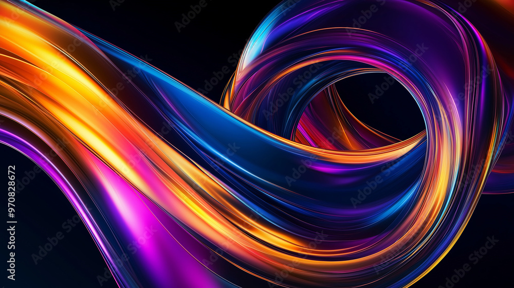 Poster a dynamic and vibrant abstract design. it features two curved structures, resembling metallic or gla