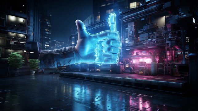 futuristic neon network of a thumbs up.