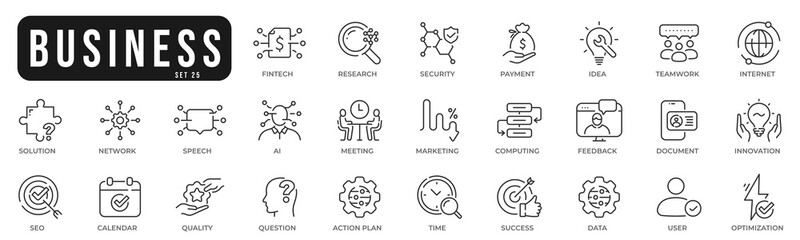 Business related original icons. Network, teamwork, payment, computing, seo, ai etc. Editable stroke. Set 25