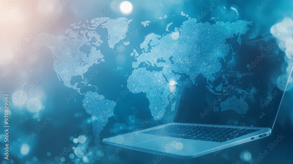 Poster global network connection laptop with world map