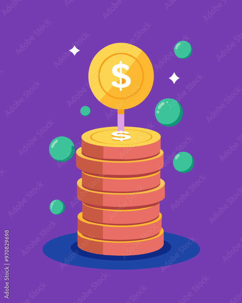 Poster a stack of coins representing the savings accumulated through a microsaving app.. vector illustratio