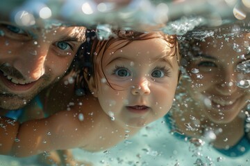 Baby in the pool learning to swim with parents. Infant swimming, early development.