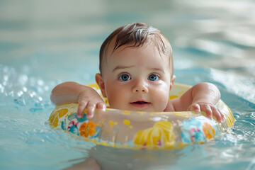 Infant swimming, baby in the pool learning to swim