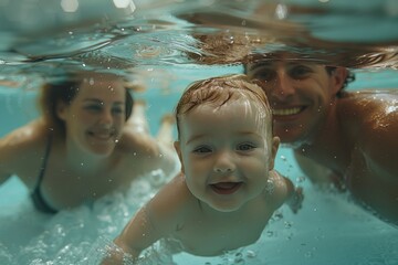 Baby in the pool learning to swim with parents. Infant swimming, early development.