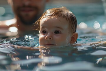 Baby in the pool learning to swim with parents. Infant swimming, early development.