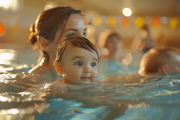 A baby in a pool learns to swim with an instructor. Infant swimming, early development.