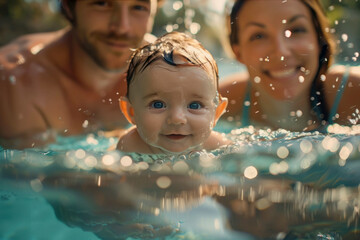 Baby in the pool learning to swim with parents. Infant swimming, early development.