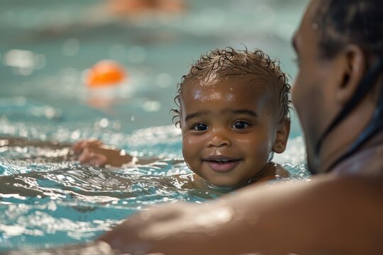 A baby in a pool learns to swim with an instructor. Infant swimming, early development.
