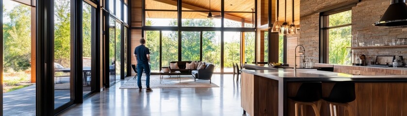 Modern Open Plan Kitchen with Large Windows and Stone Wall