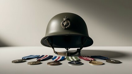 Veterans Day, World War II Helmet and Medals, Ai generated Images