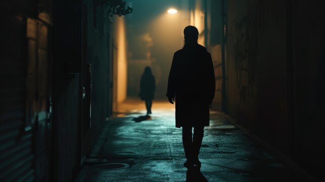 Back view of man following woman in dark street at night. Concept for crime, stalking