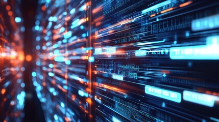 Obraz premium Abstract digital data flow with glowing lines and numbers on a dark background.