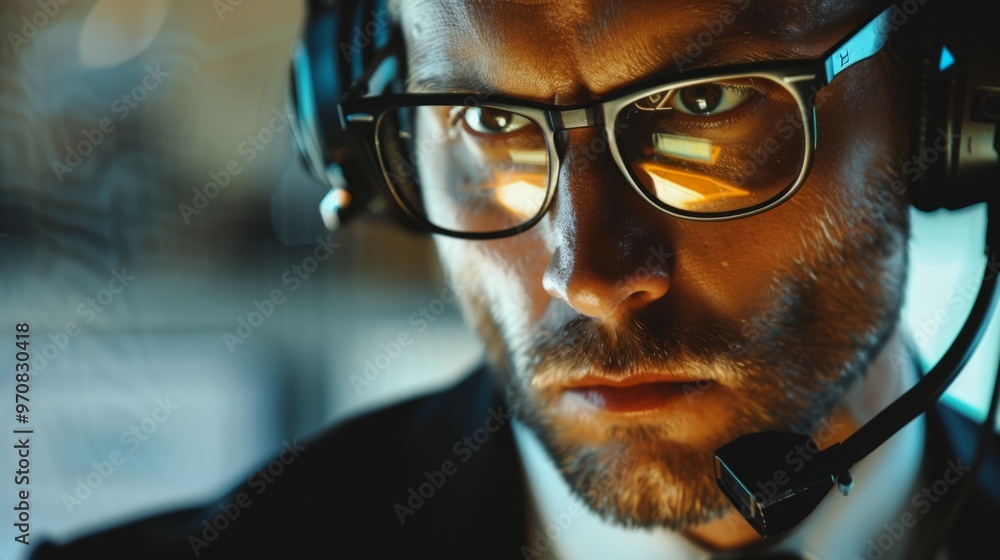 Poster a man wearing glasses and a headset is looking at a computer screen