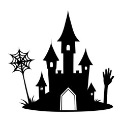 Black Halloween house. Silhouette Black castle , isolated on white background raster illustration