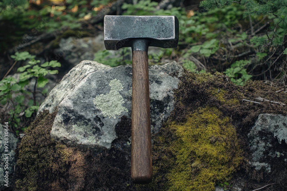 Poster A weathered metal hammer with a wooden handle rests on a mossy rock