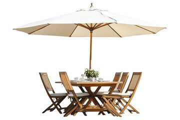 A round table with chairs and an umbrella for outdoor dining, isolated on a white background.