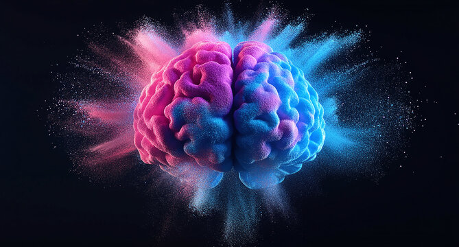 3D rendering of a colorful powder explosion forming the shape of a human brain on a black background, with bright blue and pink colors