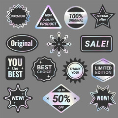 Set of holographic vector stickers. Geometric shapes label with rainbow hologram