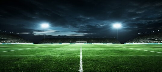 Obraz premium Empty soccer stadium illuminated by floodlights under a dramatic evening sky at dusk