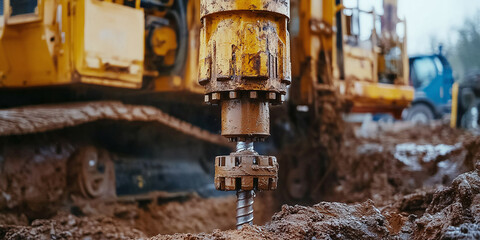 Fototapeta premium Close up of well drilling rig boring down into the earth