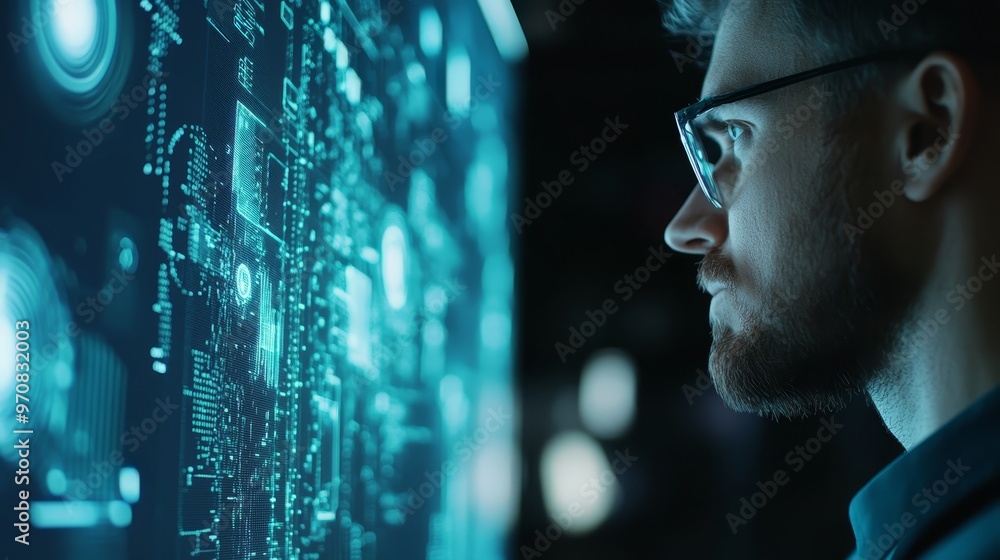 Poster man analyzing data on futuristic screen