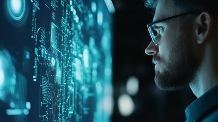 Man Analyzing Data on Futuristic Screen