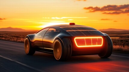 Naklejka premium Eco-Friendly Futuristic Hybrid Vehicle Charging with Solar Panels in Sunlit Landscape
