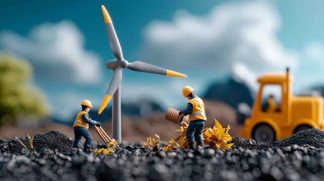 Engineers constructing wind turbines, working on renewable energy projects
