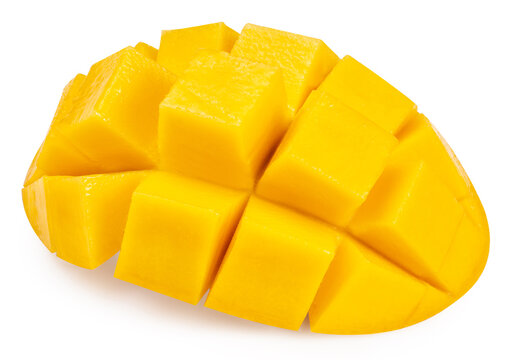 Yellow Mango cut into cubes on white background, Sweet Yellow Mango tropical fruit isolate on white with clipping path.