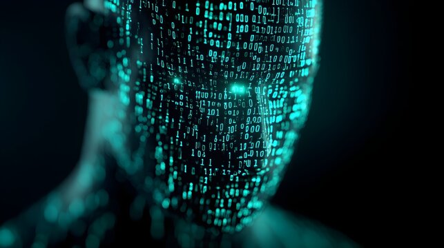 AI humanoid enshrouded in chains made of glowing binary code, symbolizing digital-age legal responsibilities, Cyberpunk, Blue and Green Neon, 3D render, Intricate details