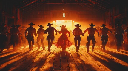 Lively cowboy dance scene inside a rustic barn at sunset
