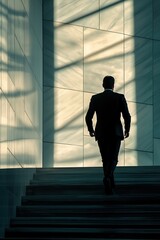 Fototapeta premium Businessman walking up stairs in modern building