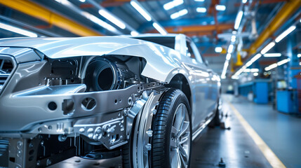 Fototapeta premium High-tech automotive chassis assembly in an advanced manufacturing facility