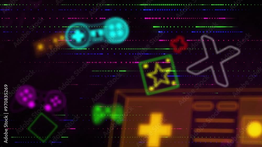 Poster neon game controllers and icons animation over glitchy background