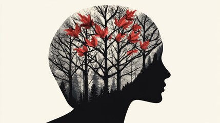 A silhouette of a woman's profile intertwined with trees and vibrant red leaves in a natural collage